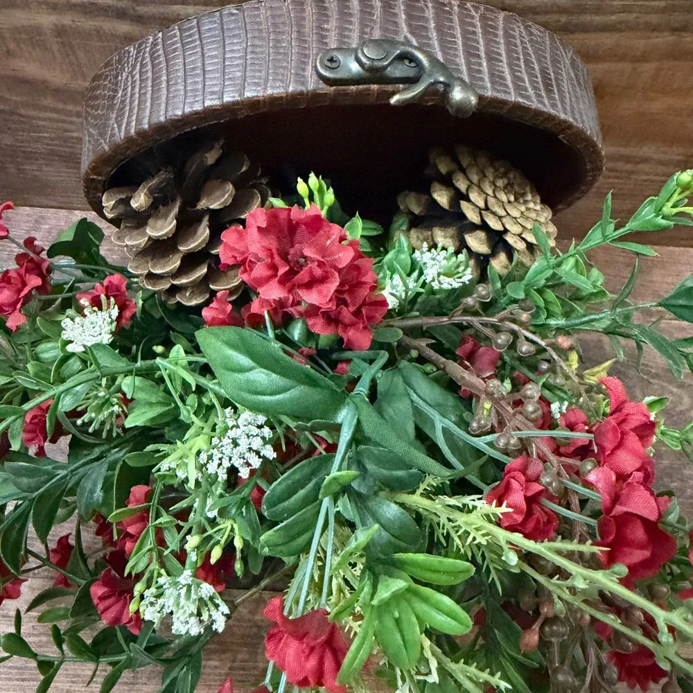 Floral Arrangement in Faux Crocodile Oval Box Red Floral Pinecones Decor Vintage